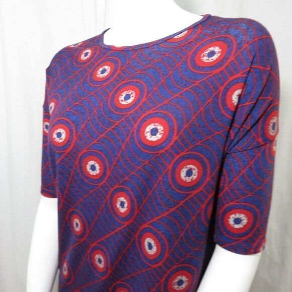 LuLaRoe XS Blue Red Spiderweb Bulls Eye Irma Tunic Shirt Top - Picture 8 of 10